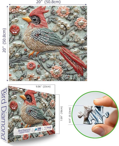 Crystal Bird 500 Piece Puzzles for Adults Cute Cardinal Floral Art Jigsaw Puzzles Bird Diamond Puzzle with Letters on Back Hard Impossible Difficult Unique Challenging Family Puzzle(20"x20")