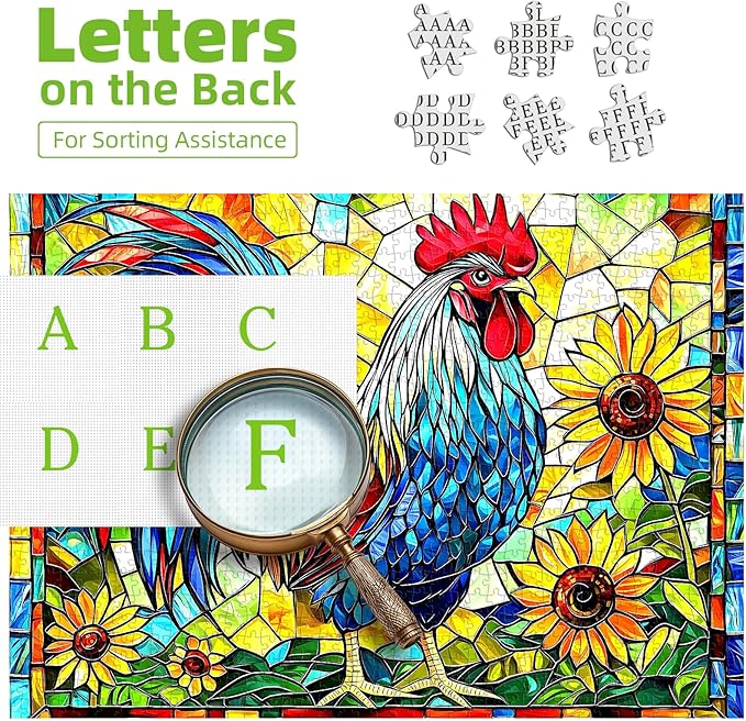 Stained Glass Rooster Puzzles for Adults 1000 Pieces Colorful Rooster Puzzle for Adults Mosaic Jigsaw Puzzles1000 Pieces with Letters on Back Hard Impossible Difficult Challenging Family Puzzle