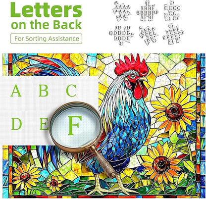 Stained Glass Rooster Puzzles for Adults 1000 Pieces Colorful Rooster Puzzle for Adults Mosaic Jigsaw Puzzles1000 Pieces with Letters on Back Hard Impossible Difficult Challenging Family Puzzle