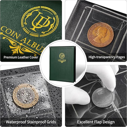 120 Pockets Coin Album - Coin Collecting Book with 10 Pages, 45x43 mm Grid Holder for Pounds Pence Cents Dollars Nickel (Green) CS48120GR