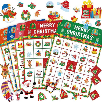 SpriteGru Christmas Bingo Game, 25PCS Bingo Board Game, 2-25 Players Bingo Game Set for Teenager or Adults Xmas Party, Fun Interesting Activity Winter Party Supplies