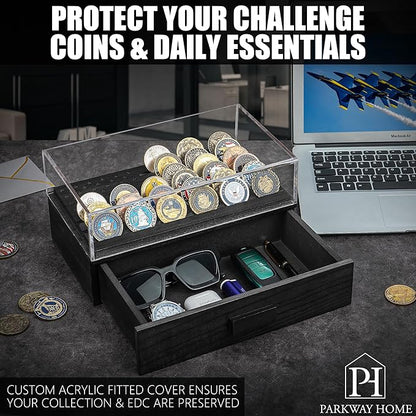 Black Military Challenge Coins Display Holder with American Flag,Solid Wood Challenge Coin Stand with Drawer,Challenge Coin Display Case for Collector, Military Coin Holder Rack for Desk