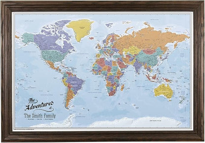 Push Pin Travel Maps Canvas - Personalized Blue Oceans World with Solid Wood Brown Frame