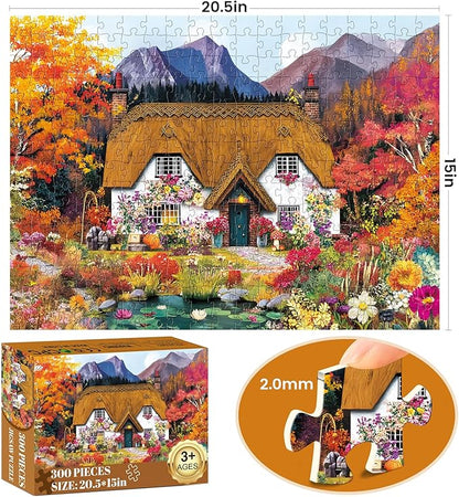 300 Piece Puzzles for Adults,Pumpkin Cottage Puzzles for Kids Teen Adults,Autumn Forest Scenery Jigsaw Puzzle 300 Pieces,Interlock Perfectly Letter on Back,Family Activity Game Night Gifts,20.5x15 in