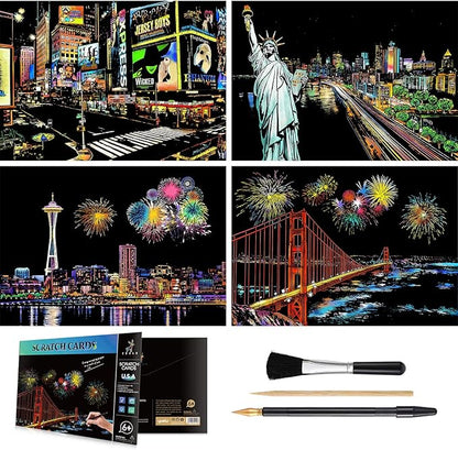 Rainbow Scratch Art Painting Paper (A4) for Adults & Teens, Night View Scratchboard Set:4 Sheet Scratch Cards, Clean Brush, Drawing Pen(Times Square/Golden Gate Bridge/Seattle/Statue of Liberty)