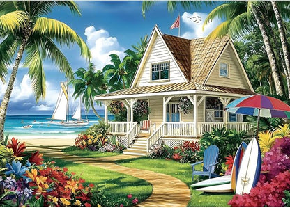 Beach House Paradise 1000 Piece Jigsaw Puzzle for Adults - Tropical Ocean Scene with Palm Trees, Sailboats & Coastal Cottage - Challenging Puzzle Games, Summer Beach Landscape, Nature Scenery Art