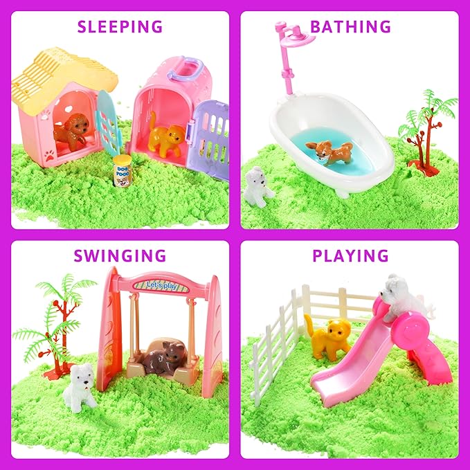 Pet Sensory bin,Dog and Cat Sandbox for Kids,Kids Play Sand Kit,Pet Play Set with Sensory Sand,Pet Care Play Set,Role Pretend Play Beach Toy Birthday Gift for Girls Boys 3 4 5 6 Years Old