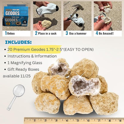 Break Your Own Geodes Kit for Kids – 20 Natural Crystal Geodes (1.5–2.5”) with Magnifying Glass & Learning Guide – Fun STEM Science Rock Kit for Kids Ages 6–12 – Gift-Ready Educational Set