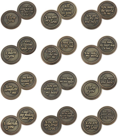 Romantic Love Expression Antique Gold Plated Coins for Date Night, Pack of All 12 Valentine Coins for Significant Other, Love Gift for Men and Women, from Him or Her