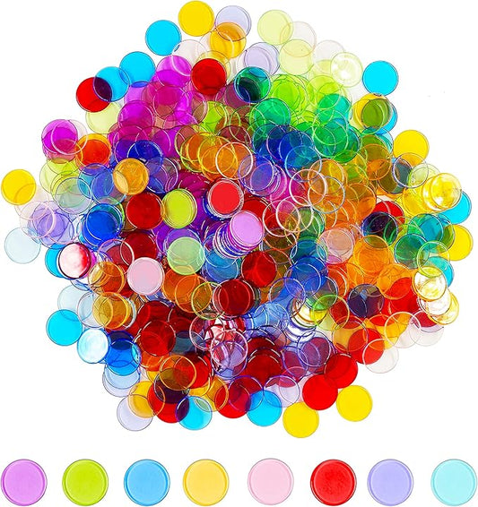 Hebayy 500 Transparent 8 Color Clear Bingo Counting Chip Plastic Markers (Each Measures 3/4 inch in Diameter)
