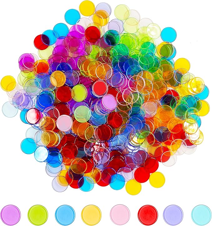 Hebayy 250 Transparent 8 Color Clear Bingo Counting Chip Plastic Markers (Each Measures 3/4 inch in Diameter)