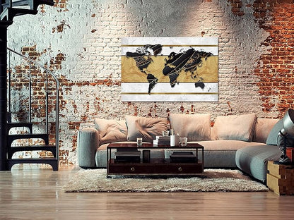artgeist Textured Canvas Wall Art World Map 35x24 in - 1pcs Painting Canvas Prints Picture Artwork Image Framed Contemporary Modern Photo Wall Home Map Continent Black White k-A-0515-b-a
