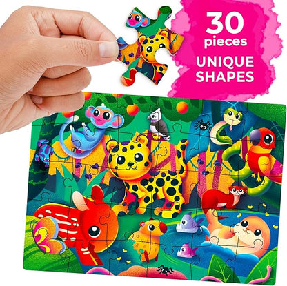 QUOKKA Puzzles for Toddlers 4-6 - 4 x 30 Pieces Puzzles for Kids Ages 3-4 - Dinosaur & Animals Learning Jigsaw Puzzles for Kids 3-5 Years Old - Educational Toys for Boy and Girl