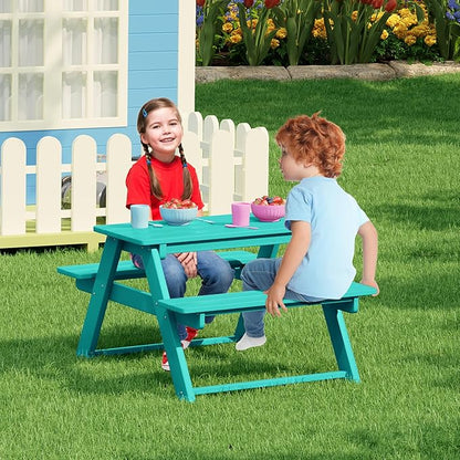 Costaelm Kids Picnic Table, HDPE All Weather Outdoor Toddler Picnic Table and Chair Set Kids Bench for Patio, Backyard, Garden, Lawn, Turquoise