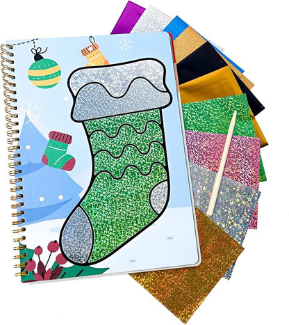 Fun & Mess-Free Foil Art Kit for Kids – 80 Foil Sheets & 32 Art Cards, No Glue Needed, Creative Craft Gift for Christmas Halloween Holiday Birthday（Christmas Version）