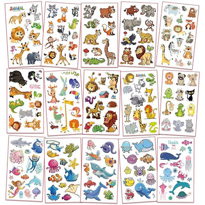 Waterproof Temporary Tattoos For Kids - 350 Pieces | Animals, Insects and Sea Animals | Temporary Tattoo Sheets for Boys | Party Favor for Goody Bags | Non-toxic、Skin-Safe*、Cosmetic-Grade