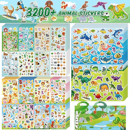 3200+PCS Stickers for Kids, 102 Sheets Cartoon Animal Sticker for Toddlers, Reward Cute Stickers 18 Theme for School Teachers Students Parents, Scrapbook Journal Gifts Decor