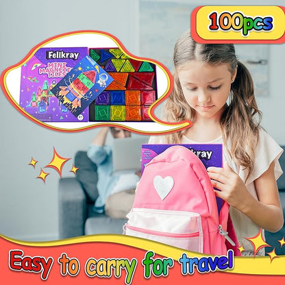 100pcs Mini Magnetic Tiles, Travel Kids Toys STEM Magnet Toy for Toddler Magnetic Blocks Building Preschool Learning Sensory Montessori Toy for 3+ Year Old Boys and Girls