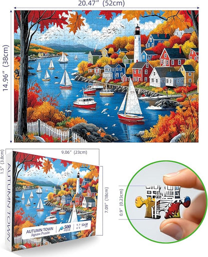 Puzzles for Adults 500 Pieces Autumn Town Jigsaw Puzzles for Adults Beautiful Fall Seaside Landscape Puzzles 500 Pieces Challenging Family Puzzle for Women Men Seniors Size is (21"x15")