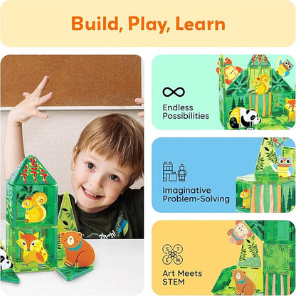 PicassoTiles Magnet Tile Building Blocks Forest Animal Themed Playset with 8 Character Action Figures Educational STEM Learning Construction Kit Pretend Play Magnetic Tiles Toddler Kids Ages 3+ PTQ26