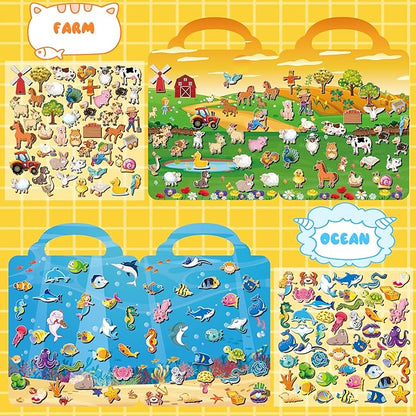 6Set Puffy Sticker Books for Kids, 3D Reusable Stickers Books for Toddlers 3-5,Farm+Animal+Dinosaurs+Ocean World+Space+Vehicle