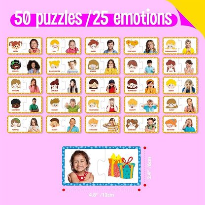 Feelings & Emotions Puzzle Cards, 50PCS Puzzles with Different Moods-Learn to Identify Various Feelings, Learning Toy for Kids with Autism, ADHD -Educational Tools for Therapy, Classroom, Home Use