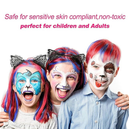 Maydear 48-Color Face Paint Kit for Kids – Washable Makeup with Neon & Metallic Shades, Brushes, Stencils, Rainbow Strip, Hair Extensions & Nail Stickers for Parties & Halloween
