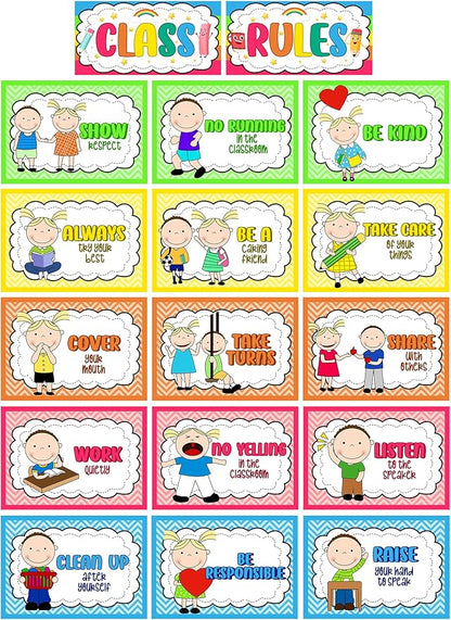 Alpurple 17 Pcs A4 Classroom Rules, Preschool Class Rules Posters, Classroom Rule Bulletin Board Decorations for Kindergarten Preschool Elementary School