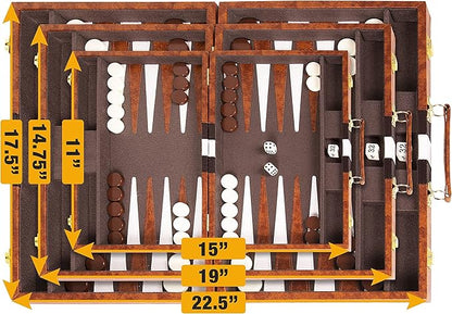 Backgammon Set - 11 inches Classic Board Game for Adults and Kids with Premium Leather Case - with Strategy & Tip Guide (Brown, Small)