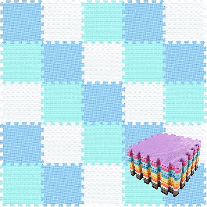 qqpp EVA Rubber 18 Tiles Interlocking Puzzle Foam Floor Mats - Baby Play Mat for Playing | Exercise Mat for Home Workout. White, Blue, Green. QC-AGHb18N