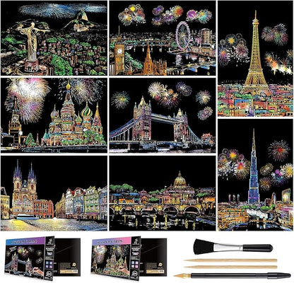 Scratch Art for Kids & Adults, Rainbow Engraving Painting Landscape Scratchboard(A4) Crafts Set: 8 Sheets 4 tools - Fireworks, Big Ben, Tower Bridge, Cristo Redentor, Ferris Wheel(Landmark Building)