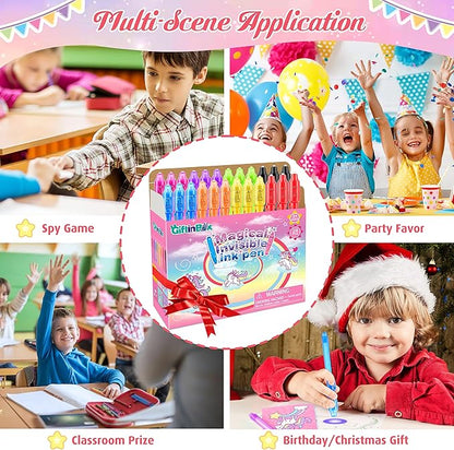 GIFTINBOX Unicorn Party Favors for Kids 4-8, 24Pack Invisible Ink Pen and Notebook, Invisible Ink Spy Pen with UV light for Kids, Classroom Prize Goodie Bag Stuffers Unicorn Toys for Kids Girls
