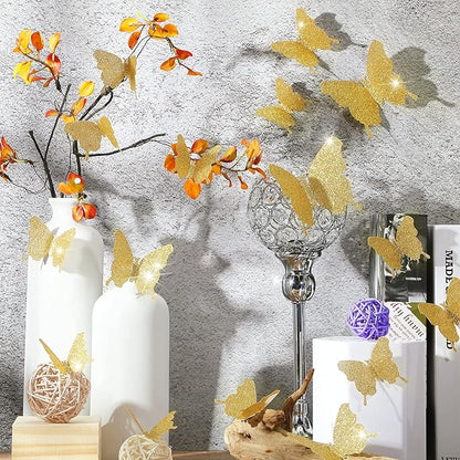 BBTO 48 Pieces Butterfly Wall Decor DIY Mirror 3D Butterfly Stickers Removable Decals for Home Bedroom School Bathroom Living Room Decor(Glitter Gold)