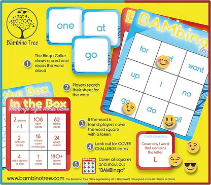 THE BAMBINO TREE Sight Word Bingo Game Level 1 and 2 - Educational Games for Kids - Learn to Read Vocabulary for Kindergarten 1st Grade - Dolch's Fry's Words Lists