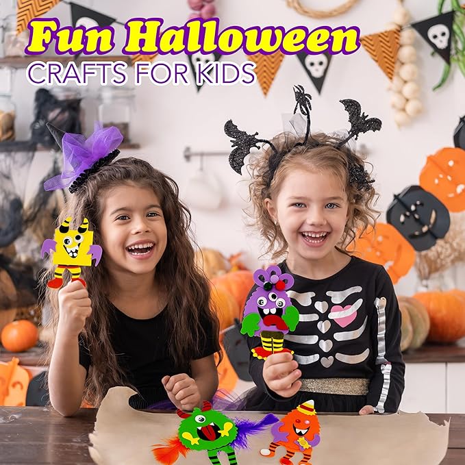4E's Novelty Halloween Crafts for Kids (24 Pack) Bulk Silly Monster Crafts with Magnetic Foam Stickers, Make Your Own Monster Kit for Fall Halloween Classroom Party Activities