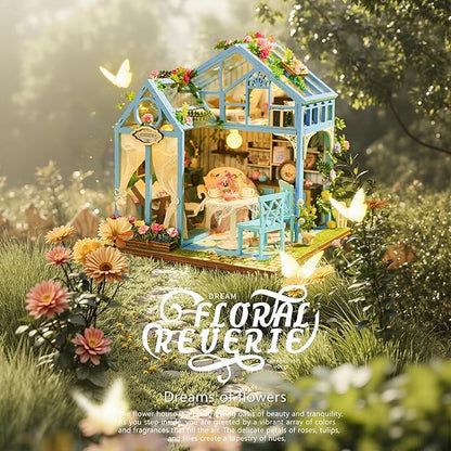 [2025 New] Floral Reverie Miniature House Kit with LED Light, Book Nook Kit with Cover for Birthday, 3D Wooden Bookends Puzzle Bookshelf Decor Building Kit Birthday Gifts for Family, Friends