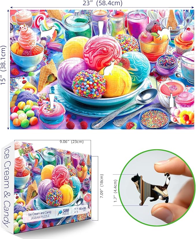 500 Piece Jigsaw Puzzle for Adults Colorful Ice Cream Candy Sweet Dessert with Letters on Back Cool Unique Fun Family ChallengingPuzzles for Seniors Family (23"x15")