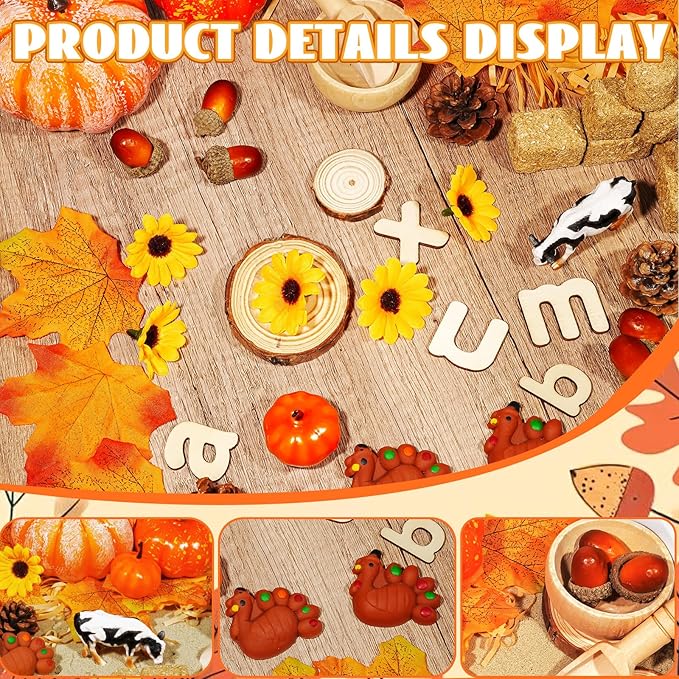 Hiawbon Thanksgiving Sensory Bin Kits, Fall Sensory Bin Fillers, Maple Leaves Pumpkins Pine Cones Sensory Box for Thanksgiving Fall Decor Birthday
