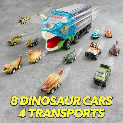 JOYIN 13 in 1 Dinosaur Toys for Kids 3-5, Triceraptor Dinosaur Truck with 12 Pull Back Cars, Birthday Gifts Toys for 3 4 5+ Year Old Boy, Transport Carrier Truck for Toddlers 3-4 Years