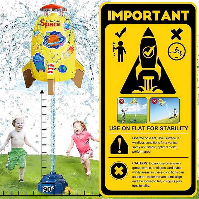 Water Rocket Sprinkler for Kids, Outdoor Sprinkler Rocket Launcher Toy for Backyard, Summer Water Toys for Kids Ages 3-12, Fun Water Powered Rocket Toy (Yellow-4)