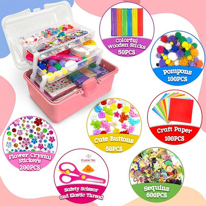 LINAYE 2500+PCS Arts and Crafts Supplies for Kids, DIY Craft Supplies Kit Box for Ages 6-8, Arts and Crafts Kit for Kids, Crafting Supply Set for Girls Boys Birthday Christmas Gifts, Deep Pink