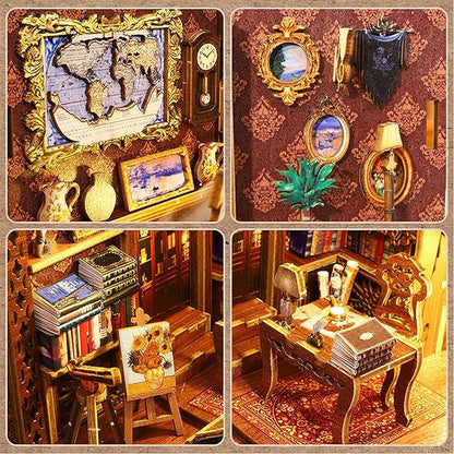 ISSEVE DIY Book Nook Kit, 3D Wooden Puzzle DIY Miniature House Kit for Booknook Shelf Insert Decoration, Magic Book House Stand Bookshelf Dollhouse for Adults with Sensor Light (Library of Books)