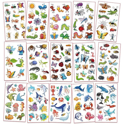 Waterproof Temporary Tattoos For Kids - 350 Pieces | Animals, Insects and Sea Animals | Temporary Tattoo Sheets for Boys | Party Favor for Goody Bags | Non-toxic、Skin-Safe*、Cosmetic-Grade