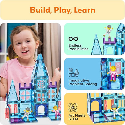 PicassoTiles 72 Piece Magnetic Building Tiles Castle Winter Ice Theme Construction Magnet Block Set with Princess Prince Character Stairs Windows Doors STEM Learning Educational Toy Kids Ages 3+ PT72