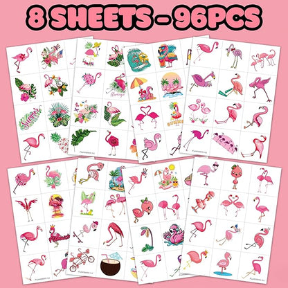96 PCS Funny Flamingo Pre-Cut Temporary Sticker Summer Tropical Flower Hawaiian Luau Birthday Supplies Gifts Girls Boys Baby Showers Prizes Cute School Reward Themed (Normal)