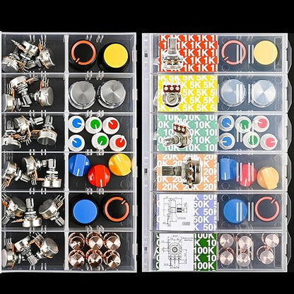 EEEEE 75pcs Potentiometer kit with Rotary knobs 1k 5k 10k 20k 50k 100k Guitar Pedal Potentiometer Assortment kit Potentiometer Linear Rotary (75pcs Potentiiometer with Knobs)