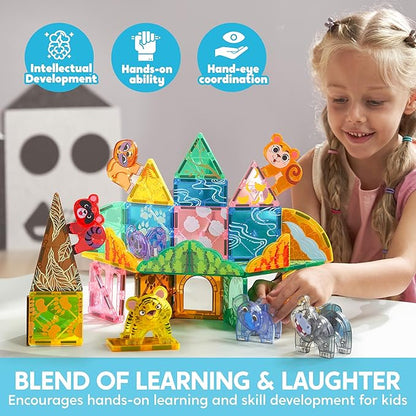 SYNCFUN Magnetic Building Tiles Jungle Animal Set for Kids, 50PCS Including 7 Cute Animals, Educational STEM Toy for Boys & Girls Ages 3-5 4-8, Christmas Birthday Party Gift for Toddlers