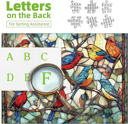 Stained Glass Birds 1000 Piece Puzzle for Adults - Challenging Vintage Window Art Jigsaw Puzzles, Family Game Night Activity, Finished Size 27.6 x 19.7 Inch