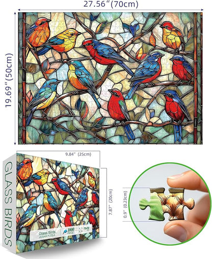 Stained Glass Birds 1000 Piece Puzzle for Adults - Challenging Vintage Window Art Jigsaw Puzzles, Family Game Night Activity, Finished Size 27.6 x 19.7 Inch