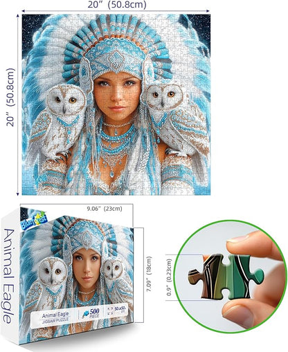 Owl Fantasy 500 Piece Jigsaw Puzzle for Adults - Winter Theme Mystical Art with Snowy Owls & Tribal Beadwork - Challenging Puzzle for Game Night, 20"x20"